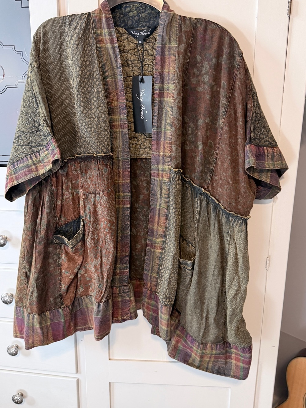 Boho Patchwork Draped Cape Jacket in Olive Multi - Picture 8 of 14